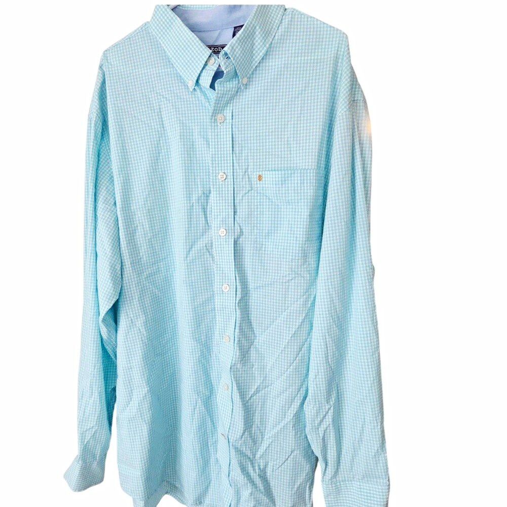 IZOD Men's 2XLT Blue Check Button-Up Shirt Long Sleeve Button-Down Non-Iron